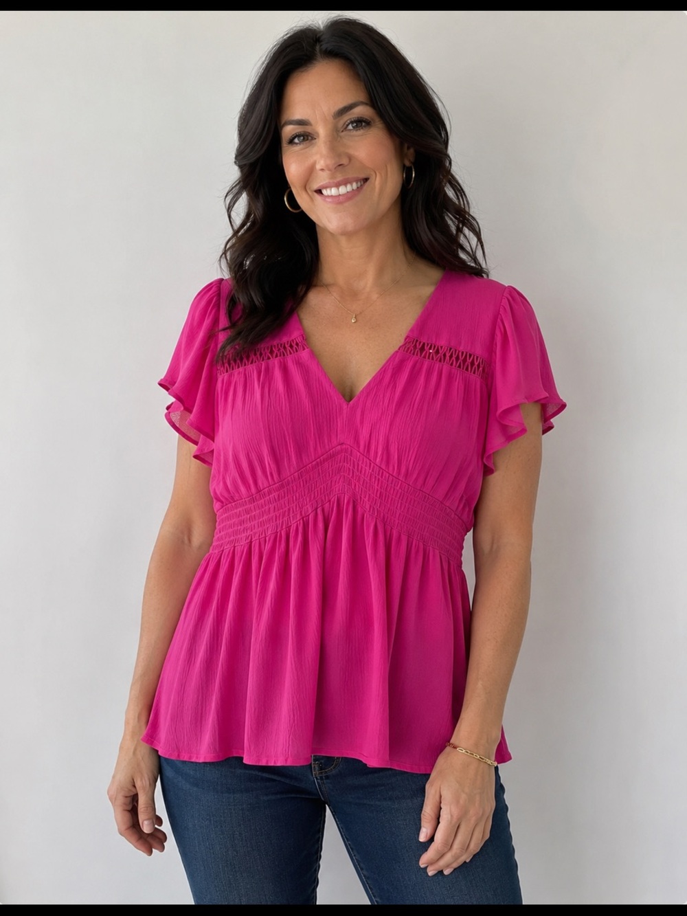Umgee Fuchsia V-Neck Flutter Sleeve Top